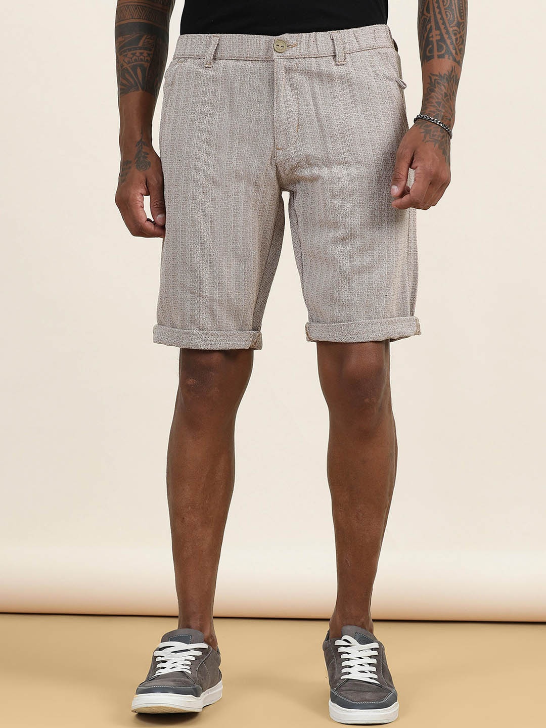 

beevee Men Self Design High-Rise Regular Fit Technology Shorts, Beige