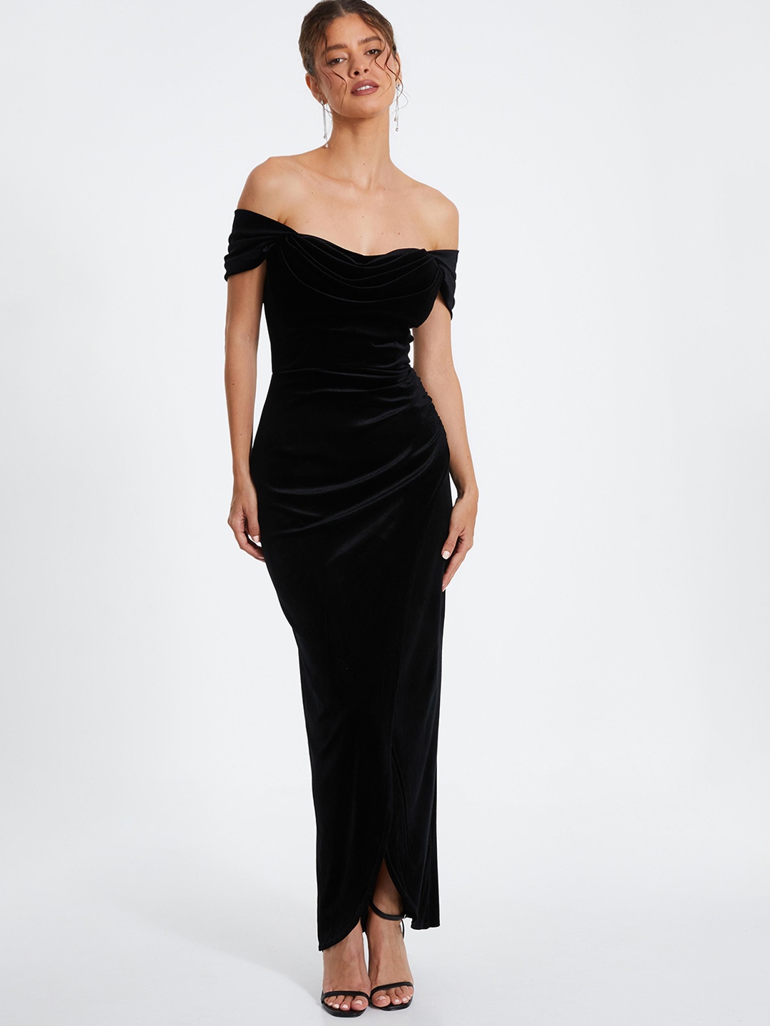 

QUIZ Off-Shoulder Velvet Bodycon Maxi Dress, Black