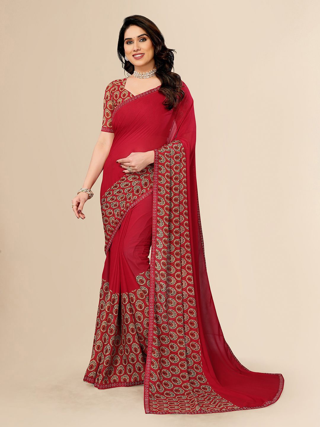 

ANAND SAREES Floral Beads and Stones Pure Georgette Saree, Red