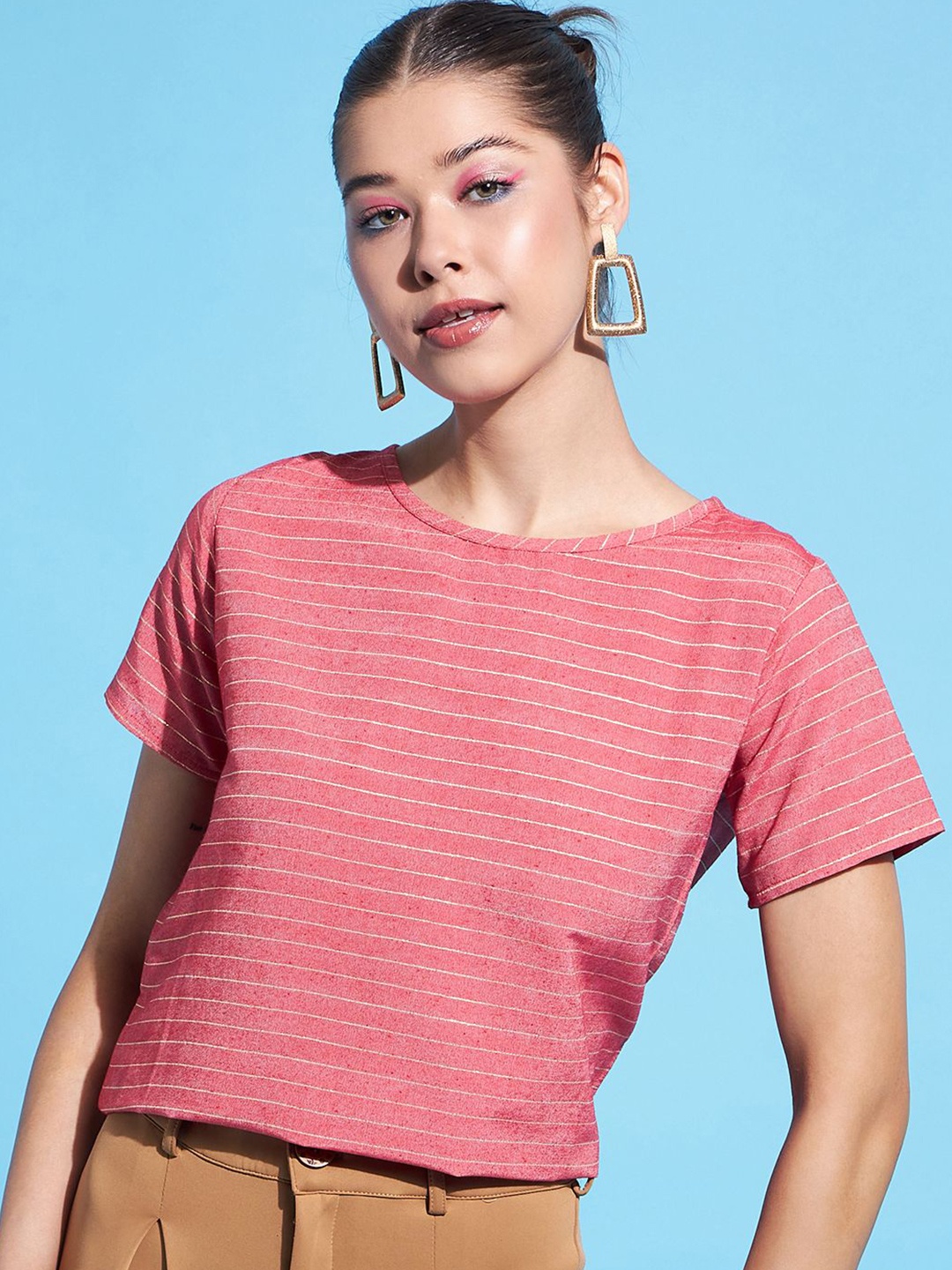 

DressBerry Women Striped Crop Top, Pink