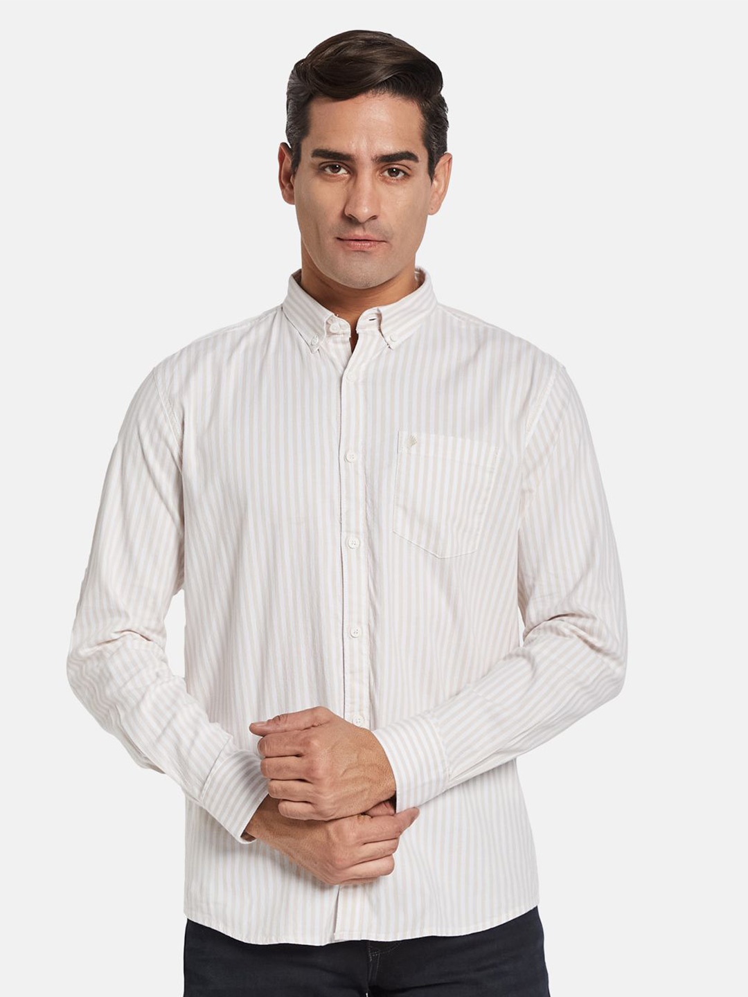 

METTLE Men Multi Stripes Opaque Striped Casual Shirt, Cream