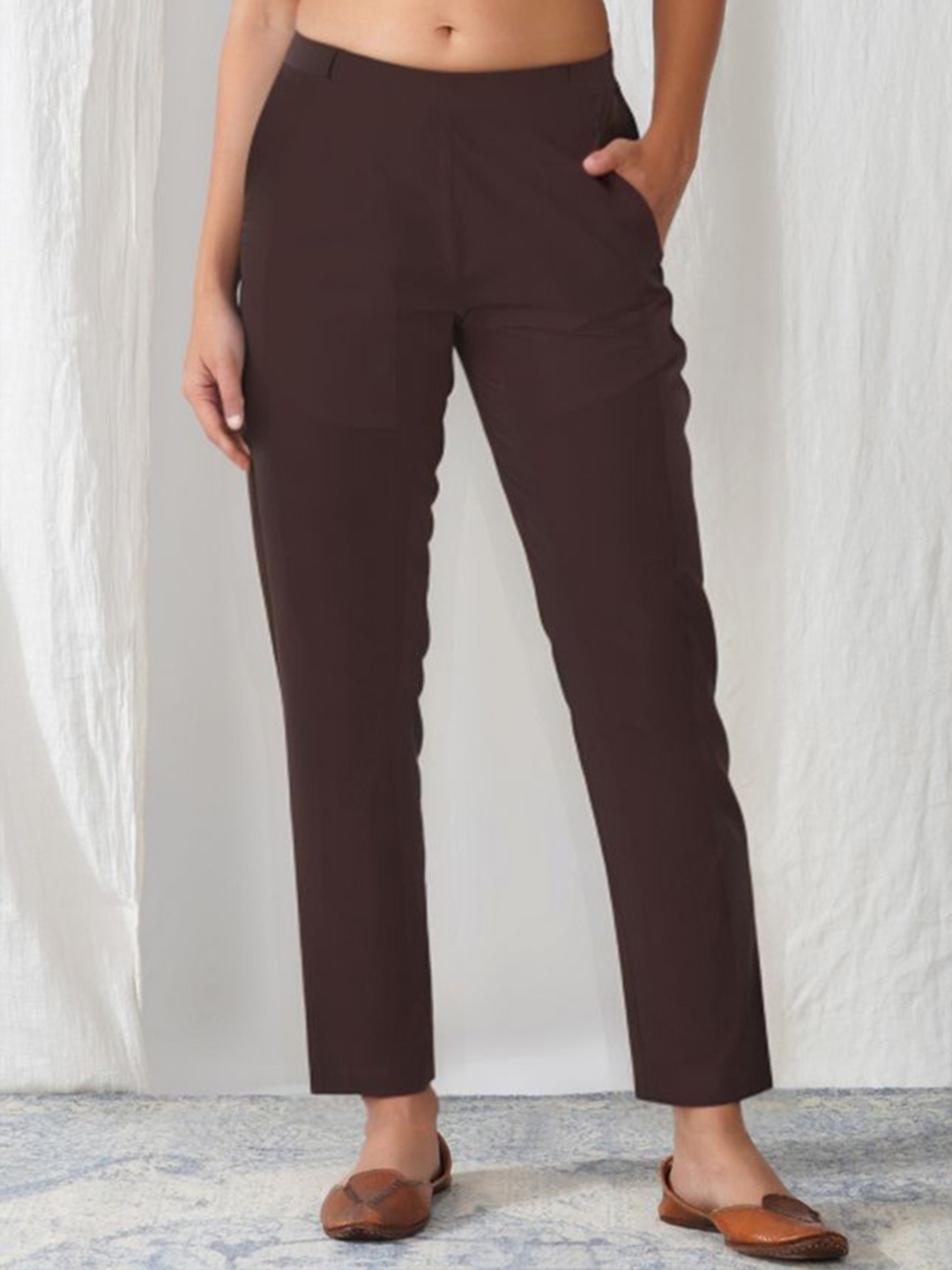 

zuri Women Relaxed Straight Leg Cotton Trousers, Brown