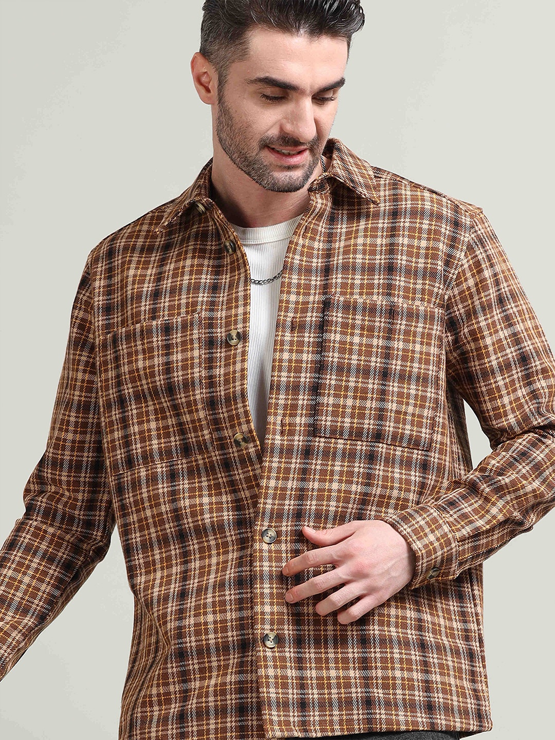 

StitchX Men's Full Sleeve Textured Checkered Shacket, Brown