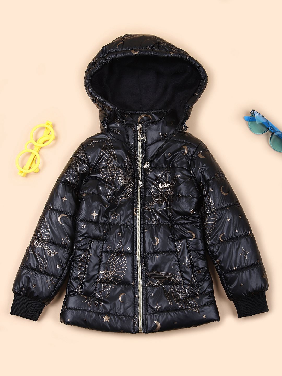 

V-Mart Girls Floral Quilted Jacket, Black