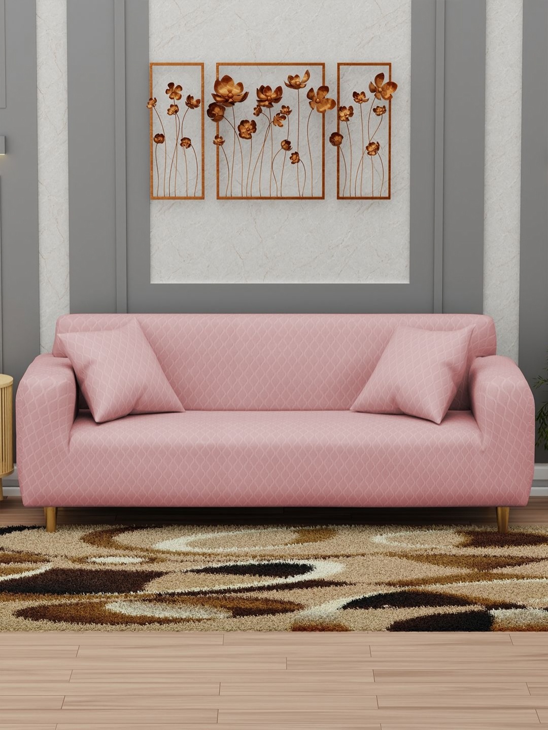 

Myntra Elegant Homes Pink Polyester 3 Pieces Sofa Cover With Arms