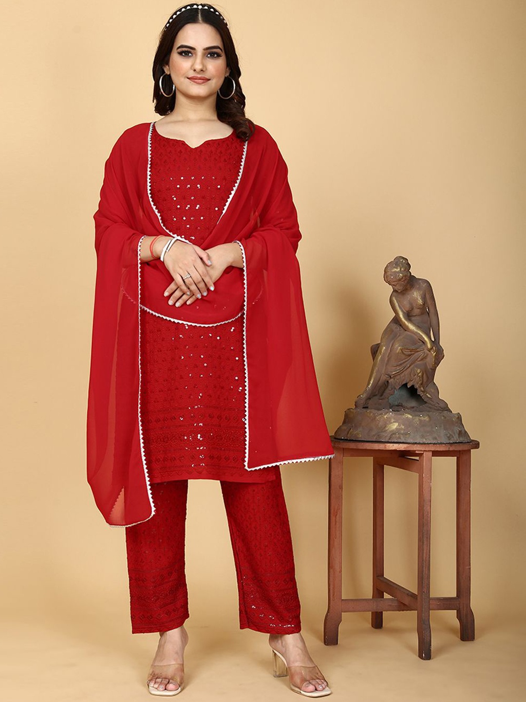

KALINI Women Embroidered Regular Sequinned Kurta with Pyjamas & With Dupatta, Red