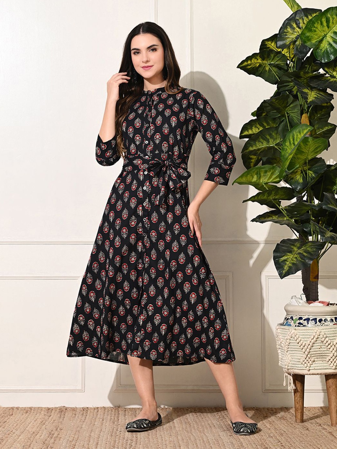 

DECKEDUP Ethnic Motifs Print A-Line Midi Dress, Black