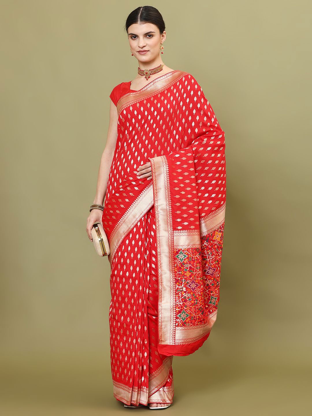 

Meena Bazaar Ethnic Motifs Woven Art Silk Banarasi Saree, Red