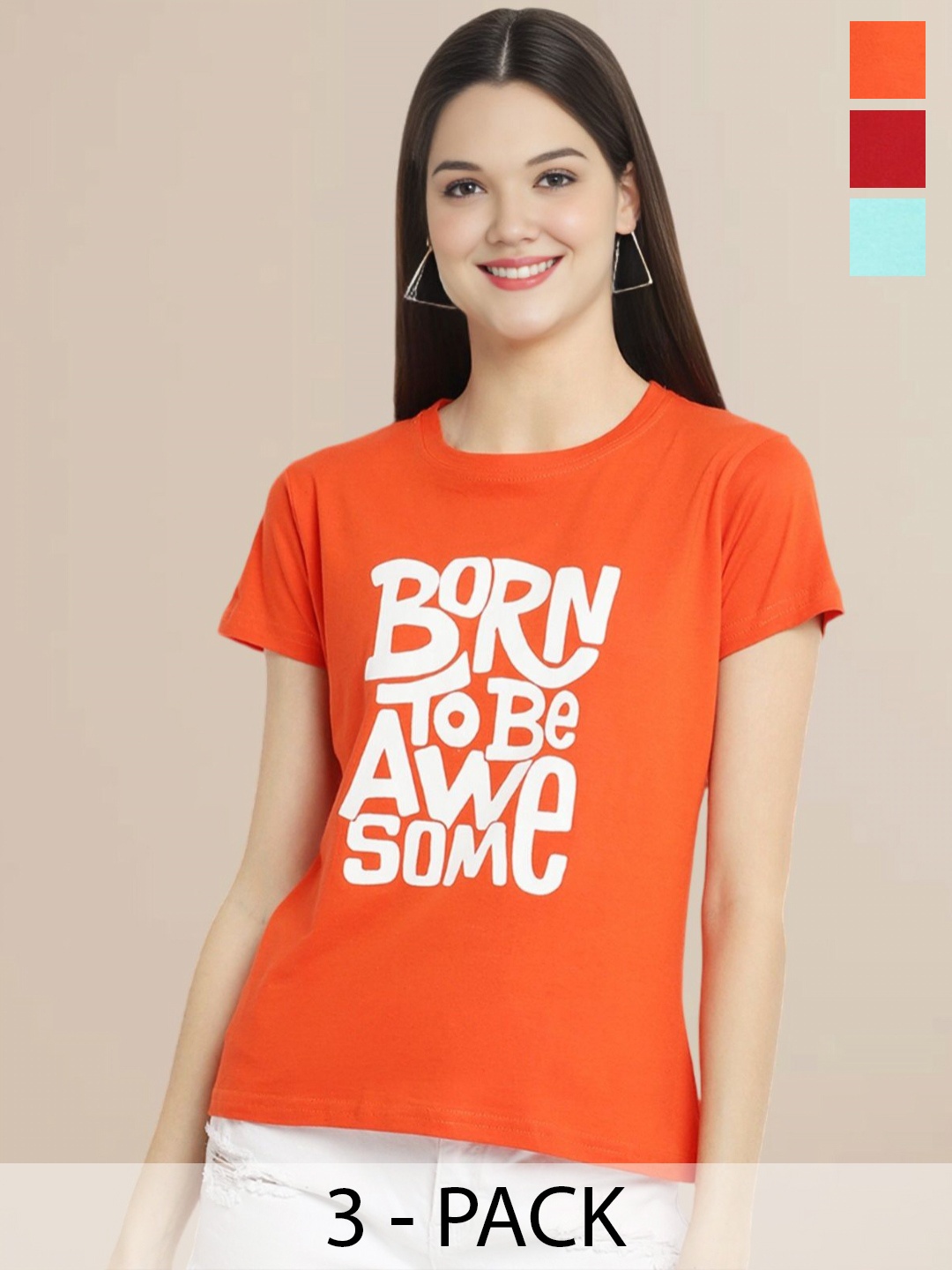 

Metronaut Women Pack Of 3 Typography Printed Round Neck Cotton T-shirts, Orange