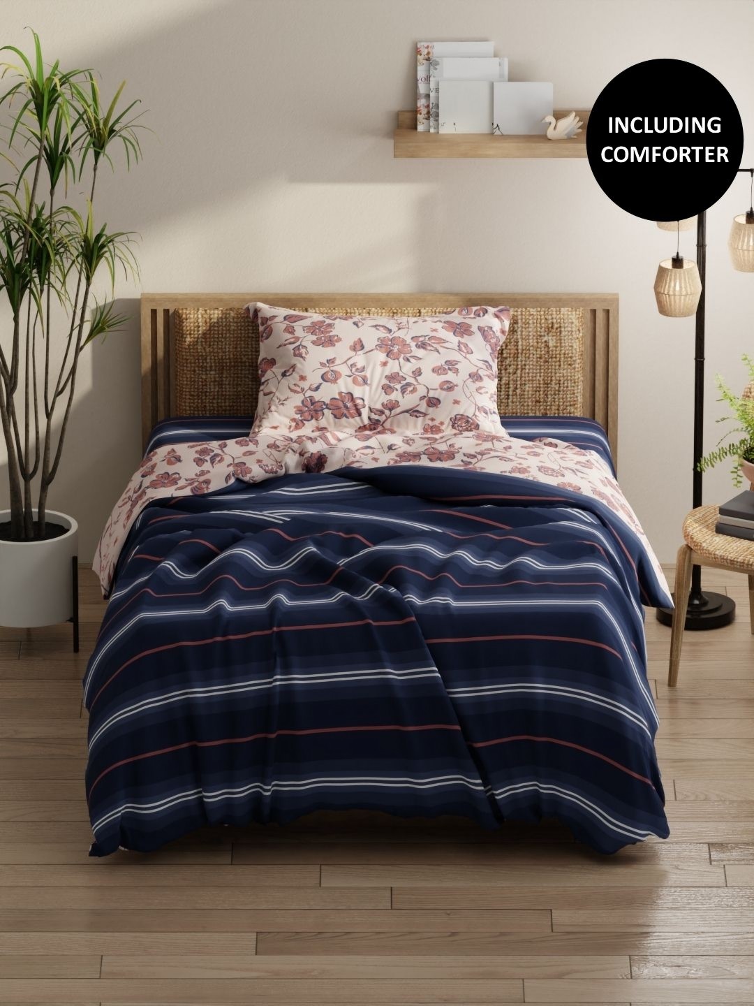 

KOPA Blue & Brown 3 Pieces Striped Cotton Single Dohar With Bedsheet 1 Pillow Cover