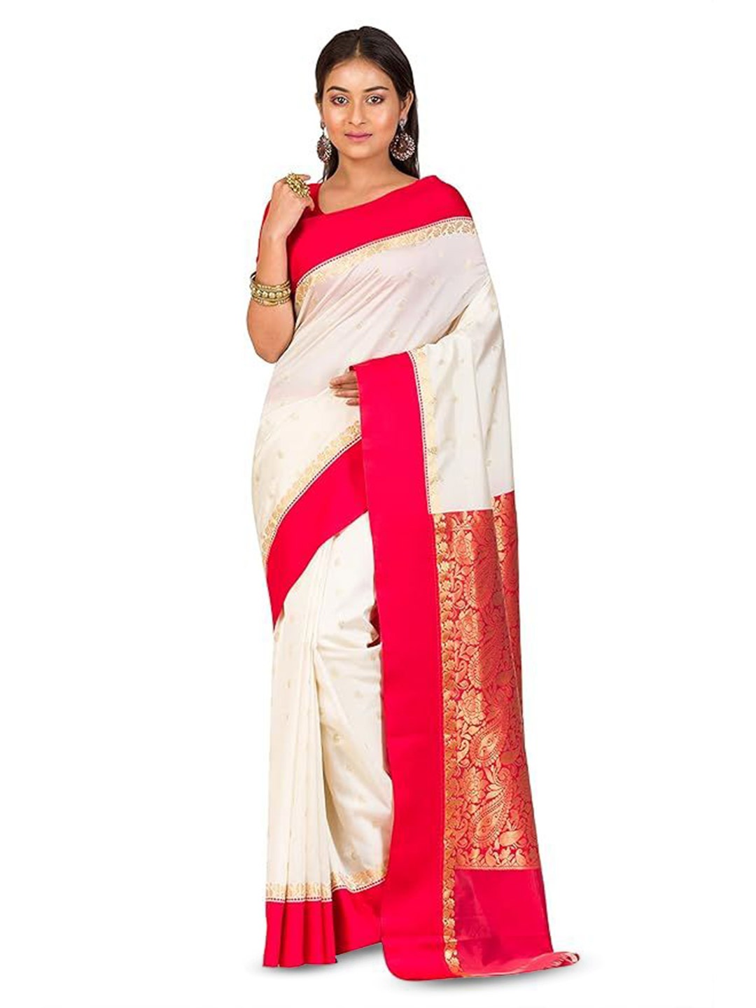 

RAJ SAREE HOUSE Woven Design Zari Pure Cotton Saree, Off white