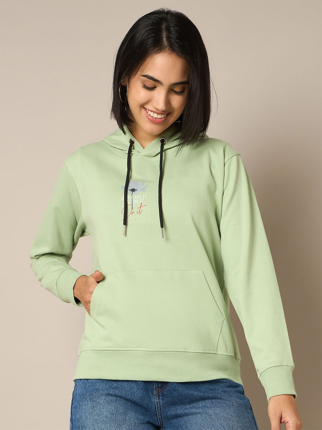 

The Roadster Lifestyle Co Women Printed Hooded Neck Pullover Sweatshirt, Green