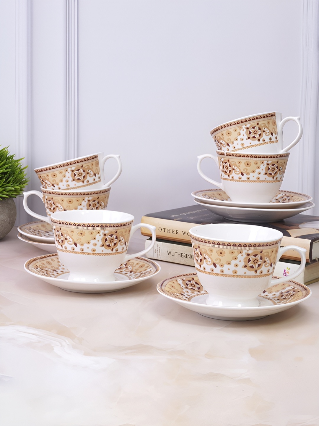 

UPC Set of 6-Premium Ceramic Printed Glossy Cups & Saucers, Orange