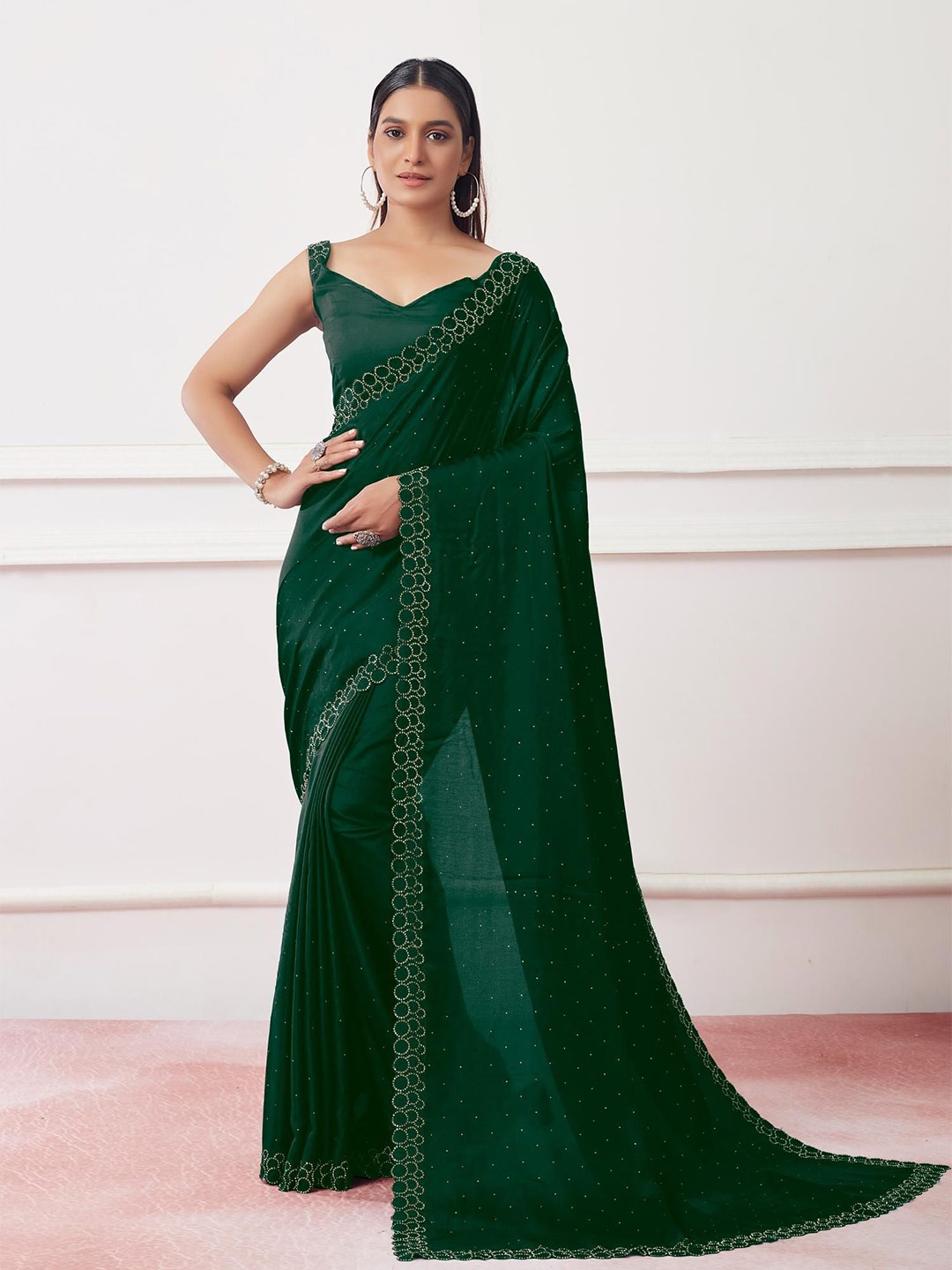 

Kalista Embellished Beads and Stones Satin Saree, Green