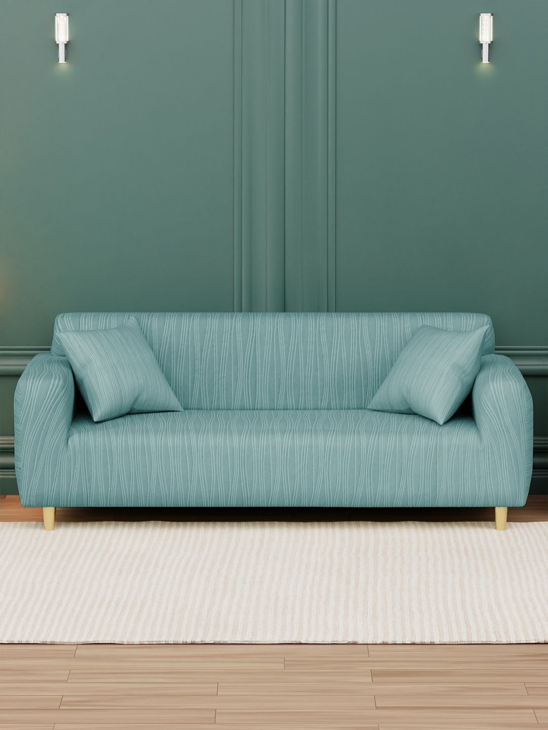 

Myntra Elegant Homes Blue Self Design 3 Piece Sofa Cover With Arms