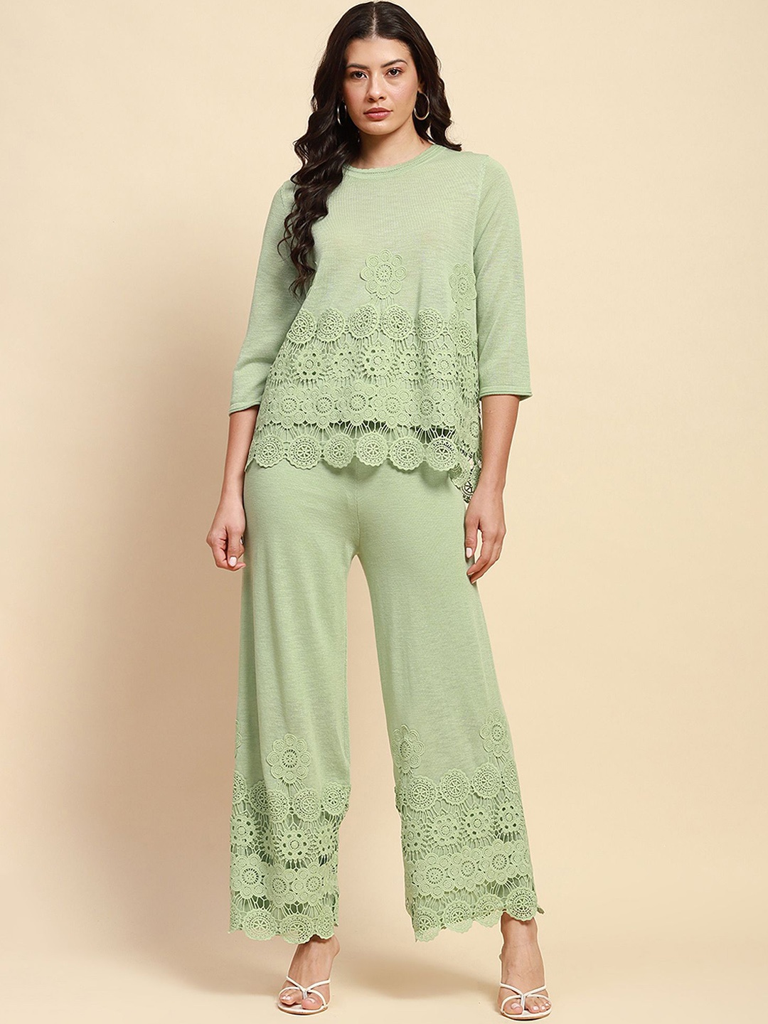 

Global Republic Embellished Round Neck Three-Quarter Sleeves Top With Trouser, Green