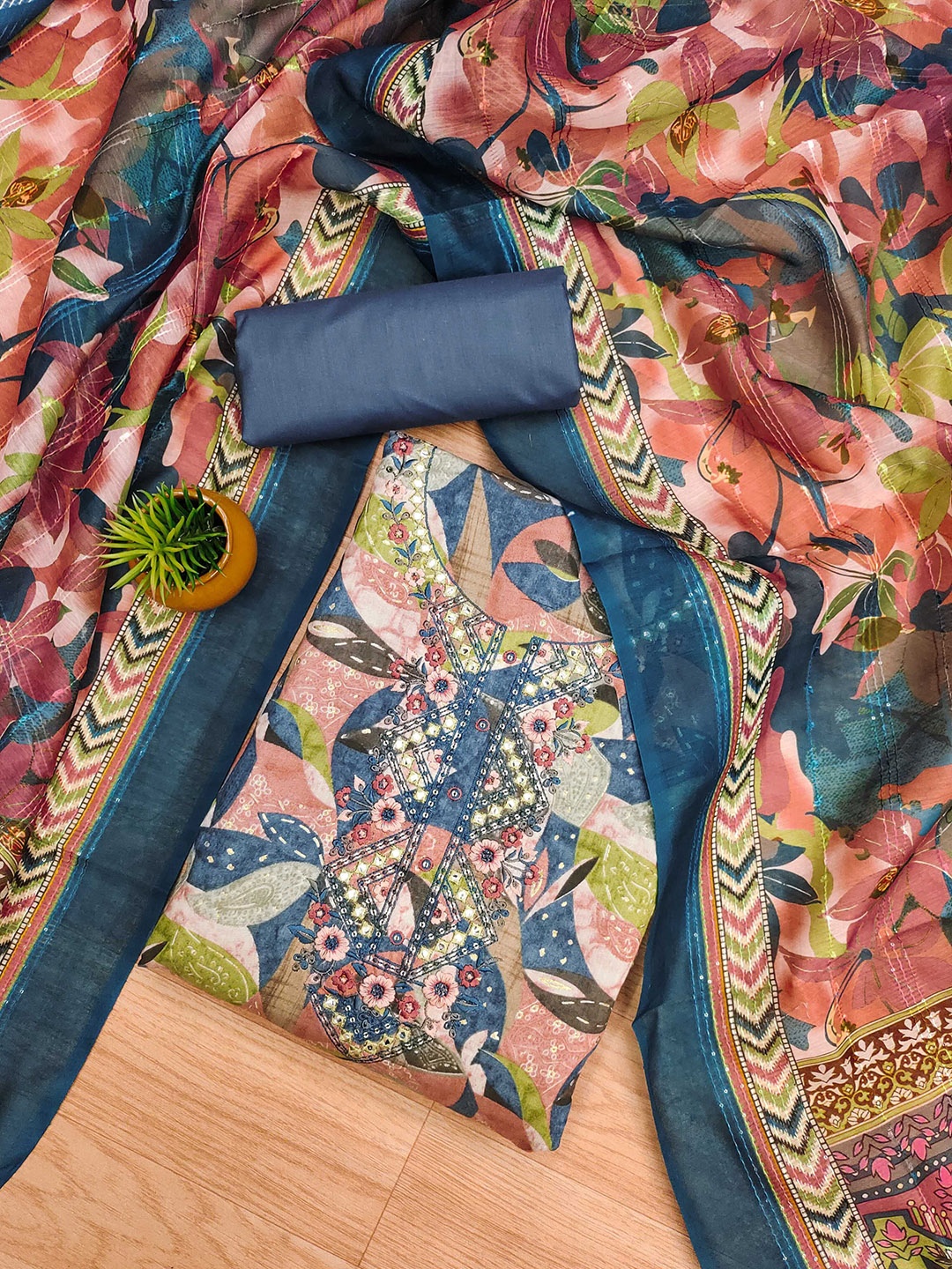 

KALINI Printed Unstitched Dress Material, Teal