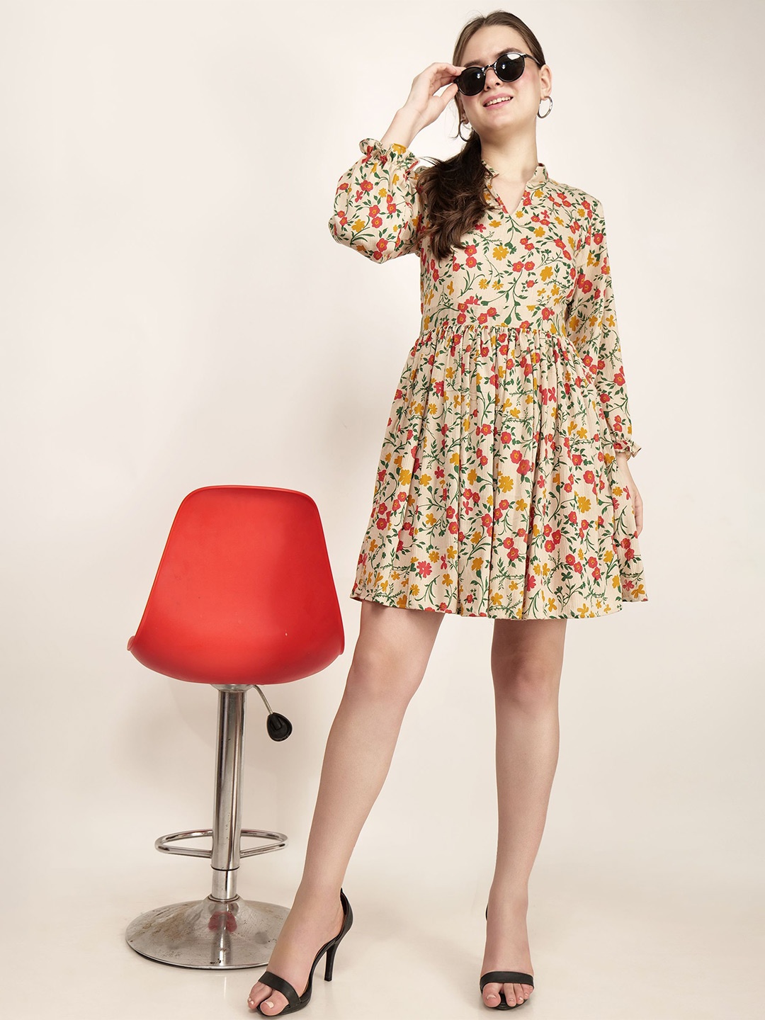 

AUDRAPE Floral Print Puff Sleeve Fit & Flare Mini Dress, Beige