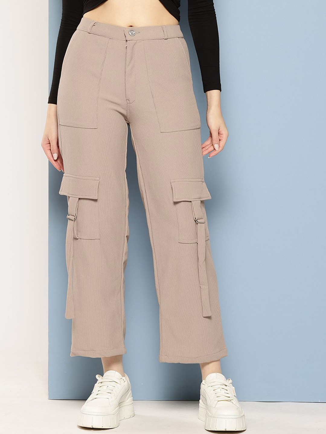 

The Roadster Lifestyle Co Women High-Rise Straight-Fit Cargo Trousers, Beige