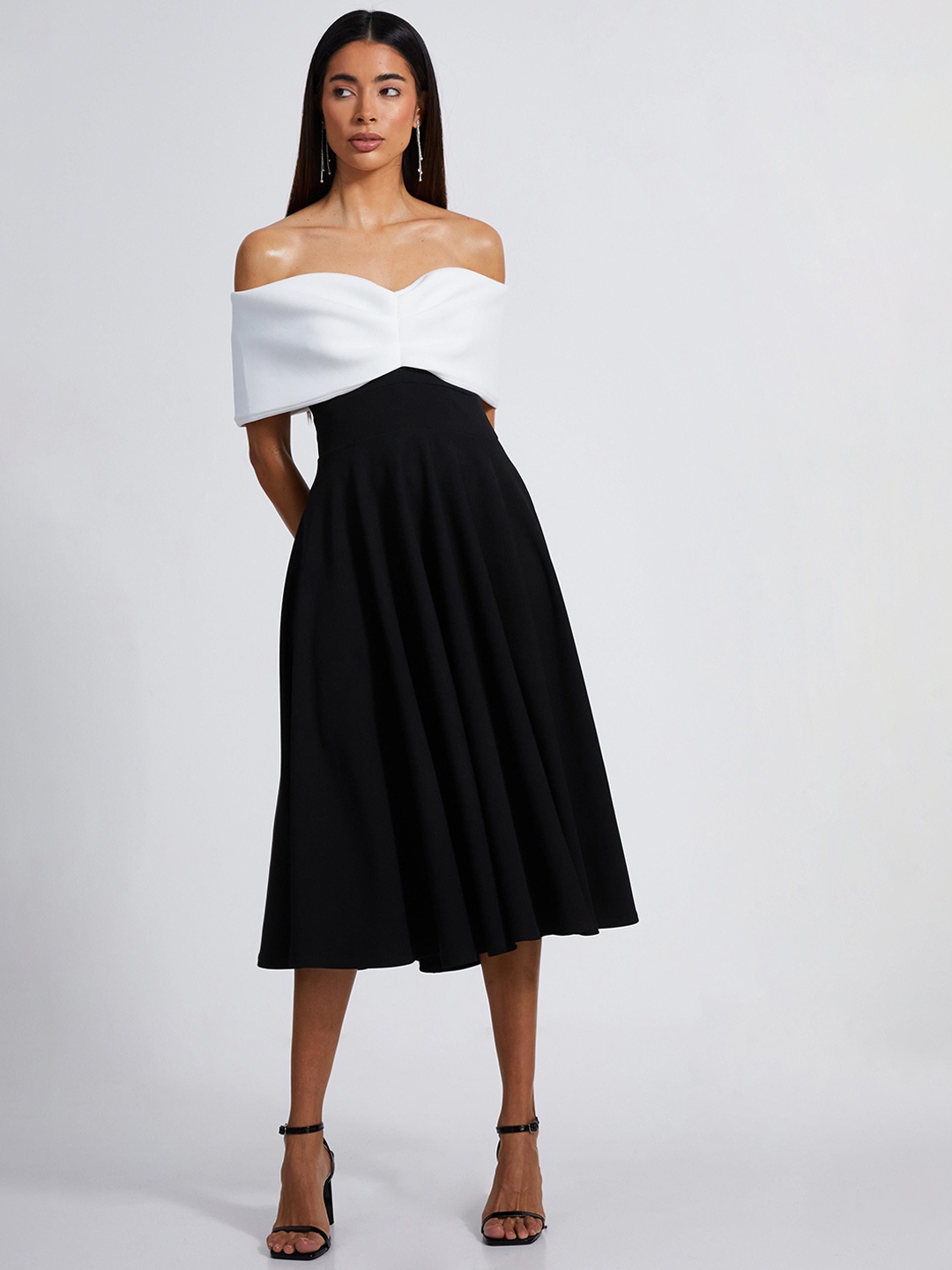 

QUIZ Off-Shoulder Fit & Flare Midi Dress, Black