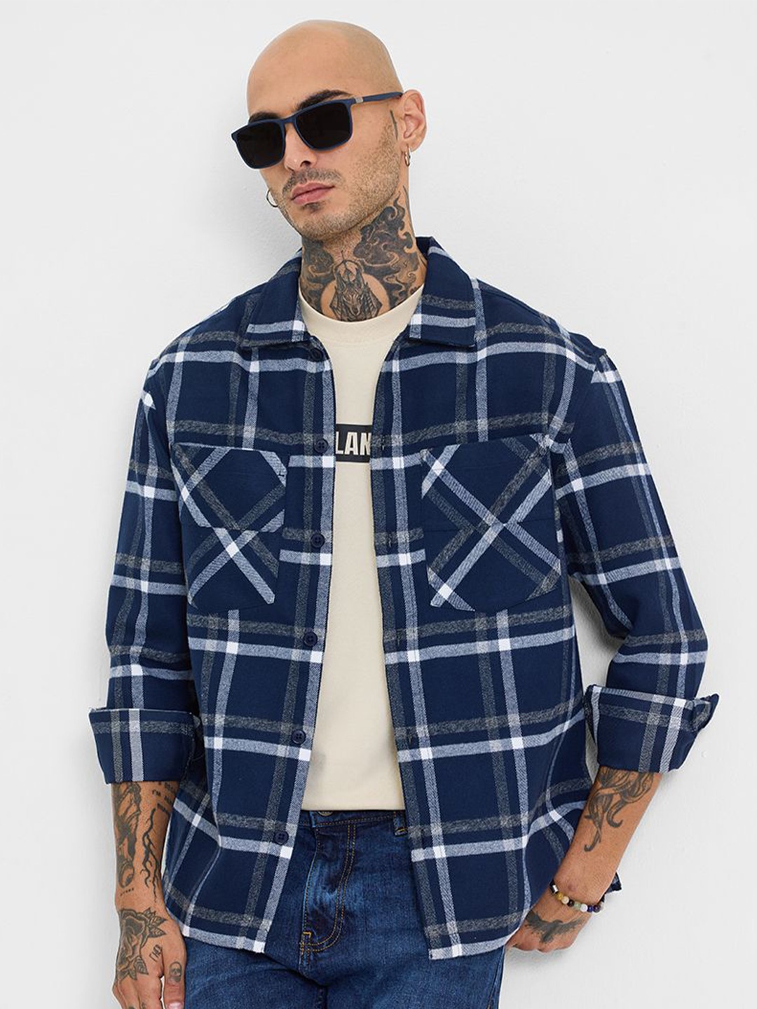 

Snitch Men Checked Open Front Jacket, Navy blue