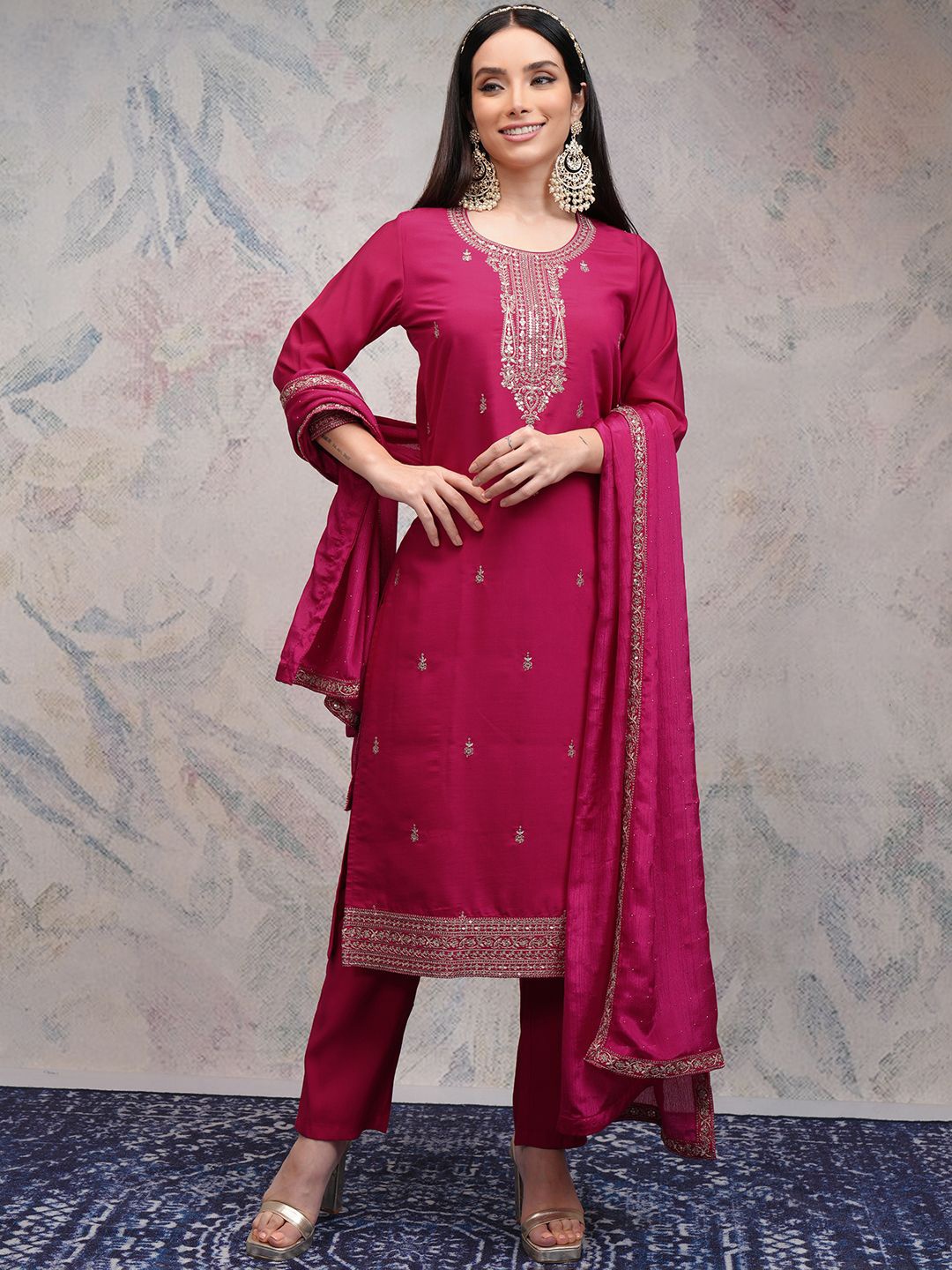 

Vishudh Women Paisley Embroidered Regular Sequinned Kurta with Palazzos & With Dupatta, Pink