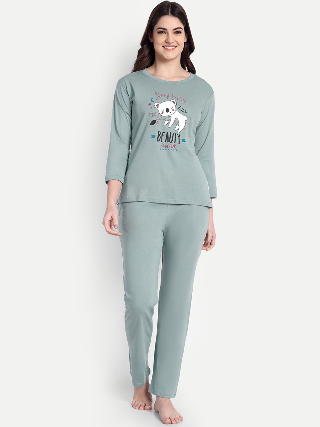 

Bedtime story Women Printed Pure Cotton Night suit, Green