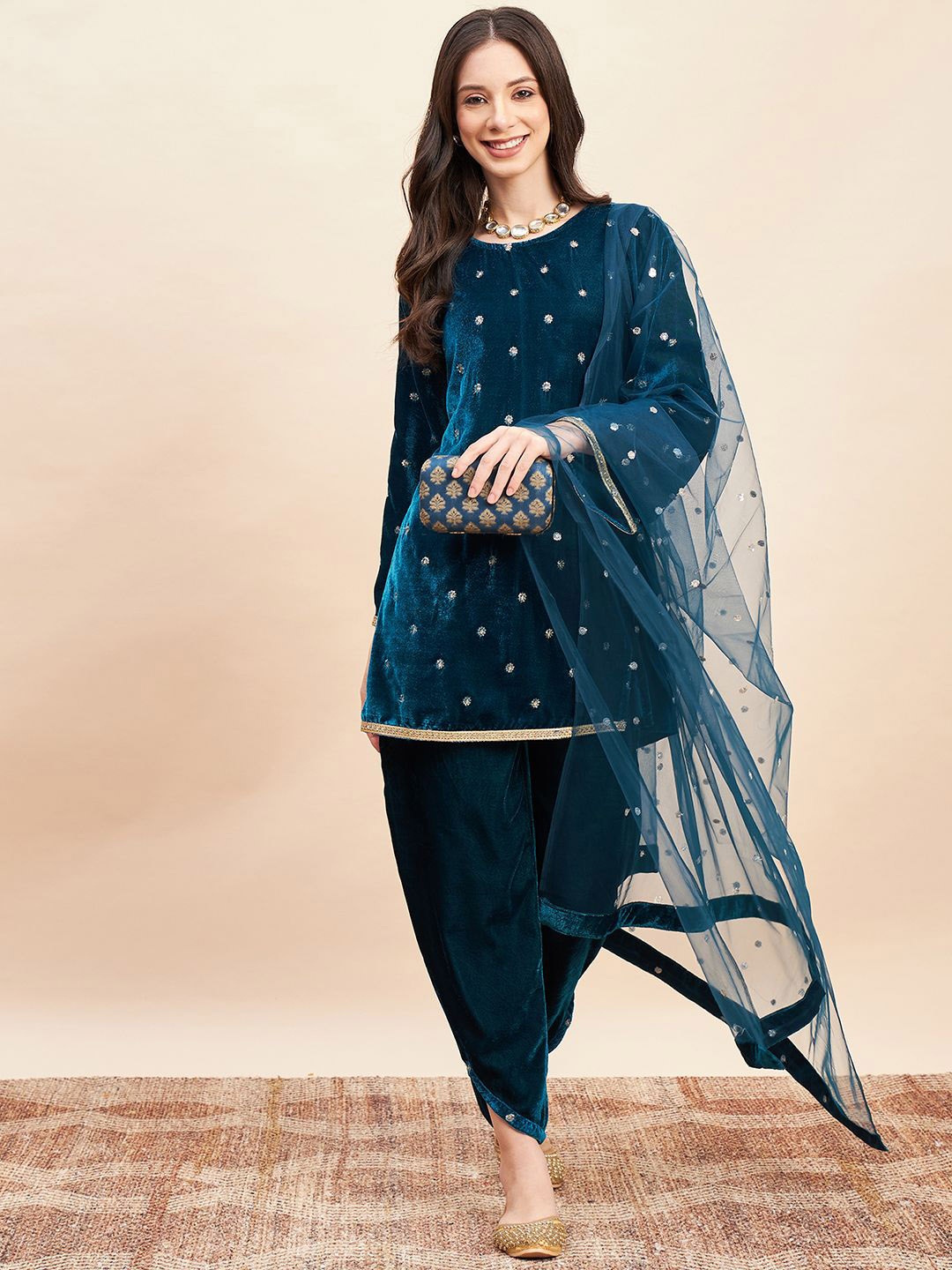 

Fabway Clothing Women Embroidered Regular Velvet Kurta with Dhoti Pants & With Dupatta, Teal