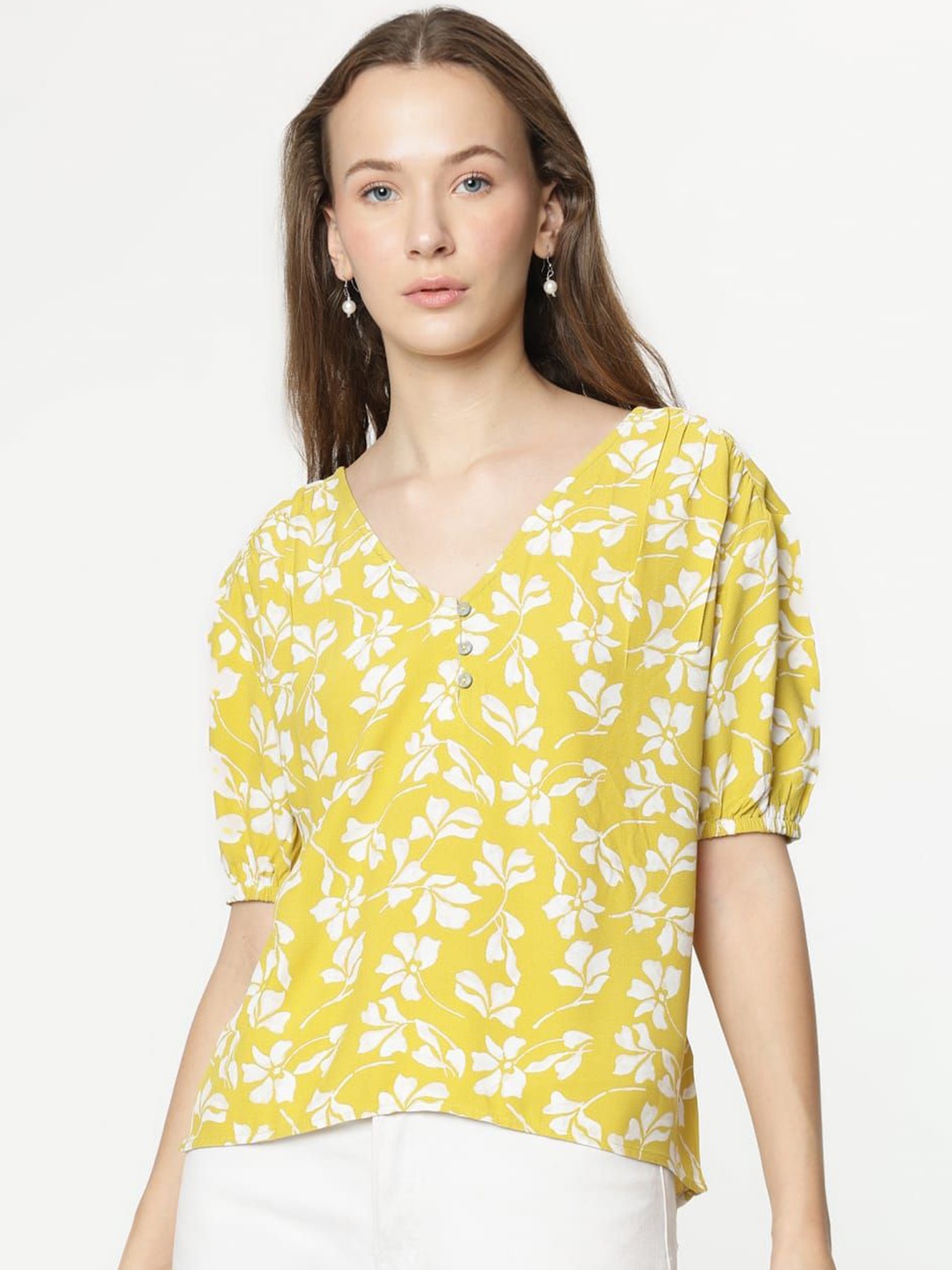 

Marks & Spencer Floral Print Puff Sleeve Wrap Top, Yellow