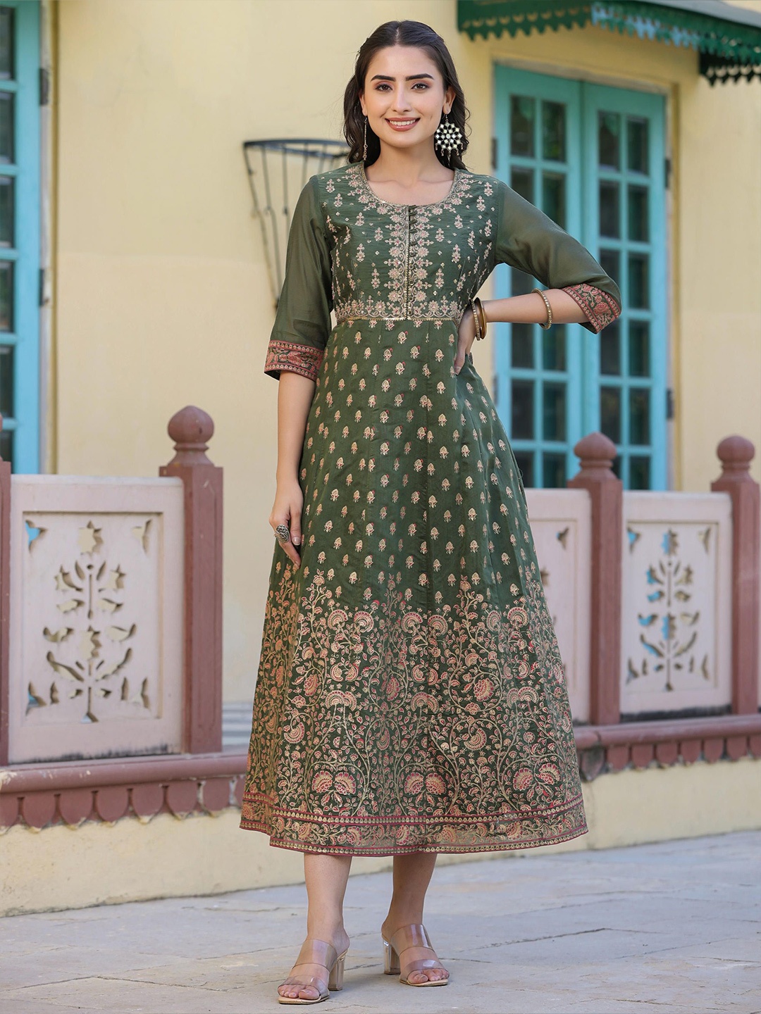 

Juniper Ethnic Motifs Print Georgette A-Line Midi Dress, Olive