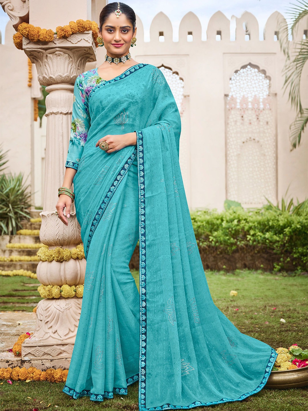 

Laxmipati Floral Poly Chiffon Saree, Turquoise blue