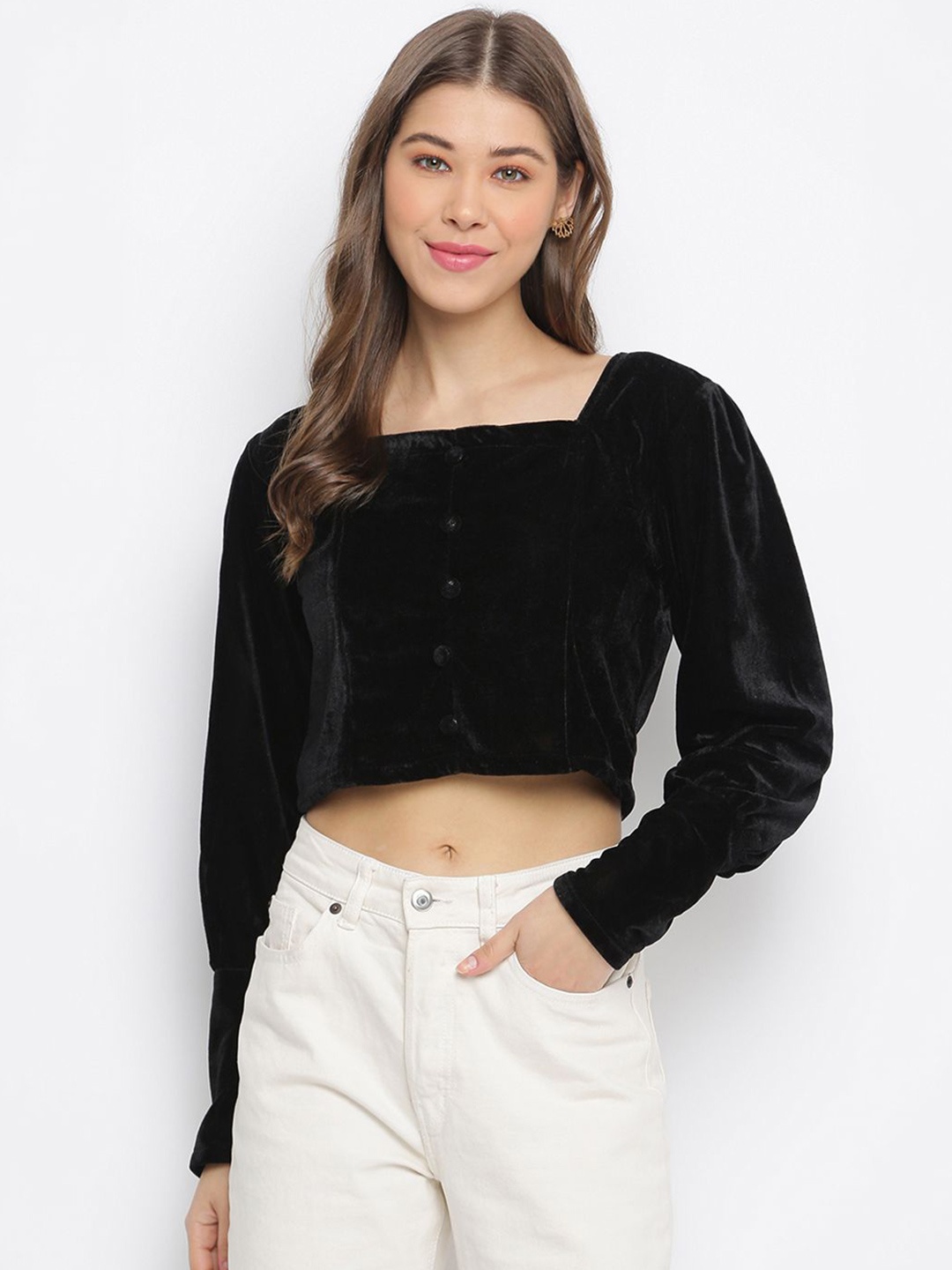 

DressBerry Women Square Neck Crop Top, Black