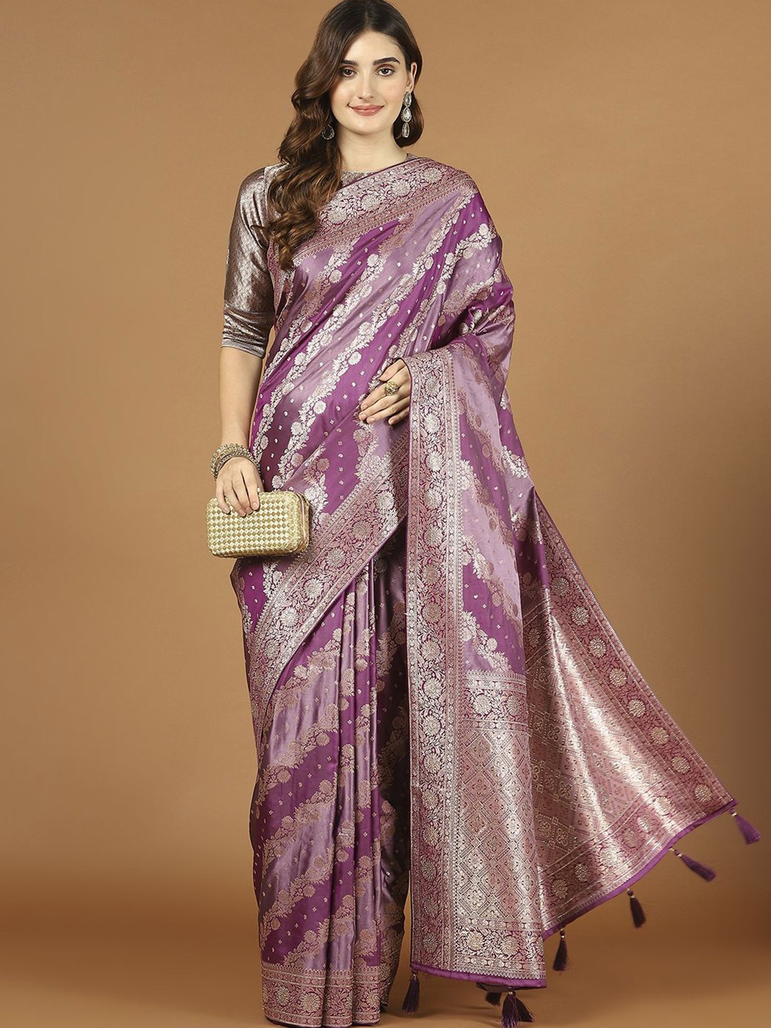 

Meena Bazaar Floral & Ethnic Motifs Woven Satin Saree, Purple