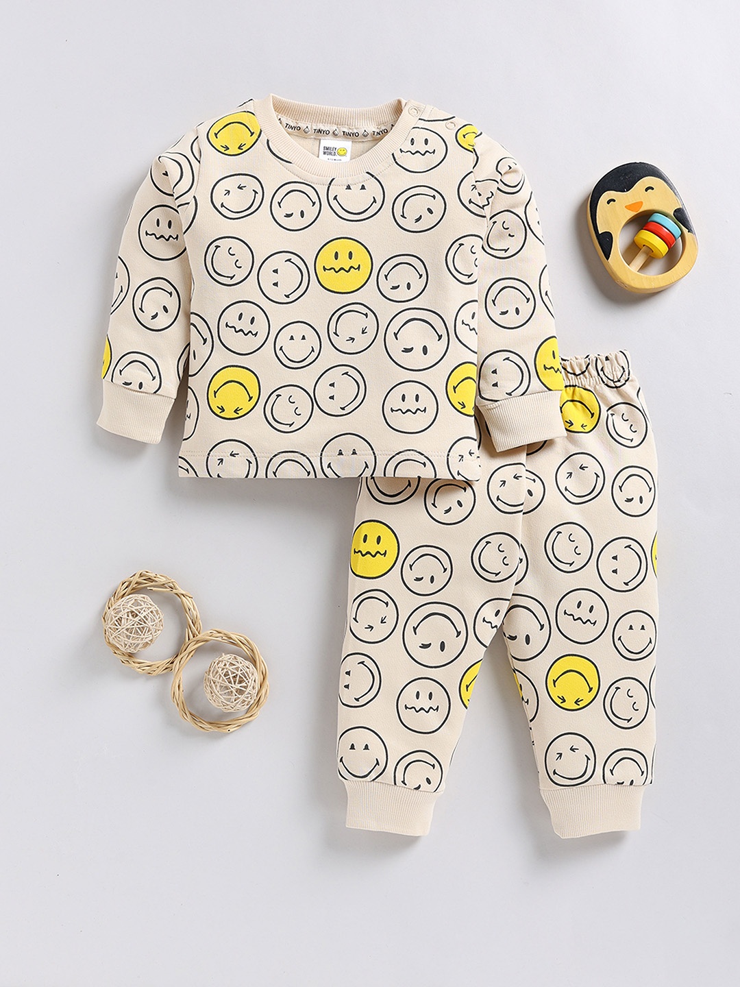 

YK X Tinyo Infants Girls Printed Pure Cotton T-shirt and Jogger, Beige