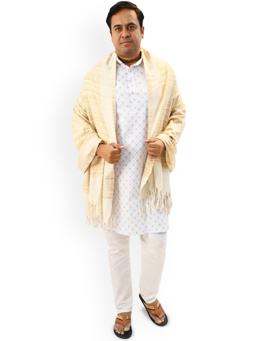 

Vrinde Men Striped Printed Shawl, Cream