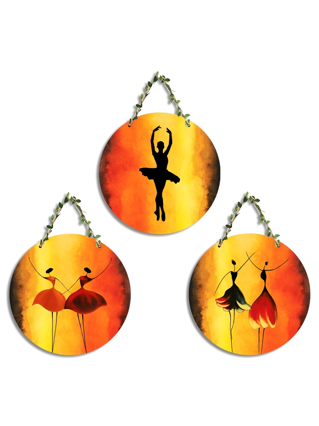 

SEHAZ ARTWORKS New circle Orange & Yellow 3 Pieces Printed Wooden Wall Hanging Decor