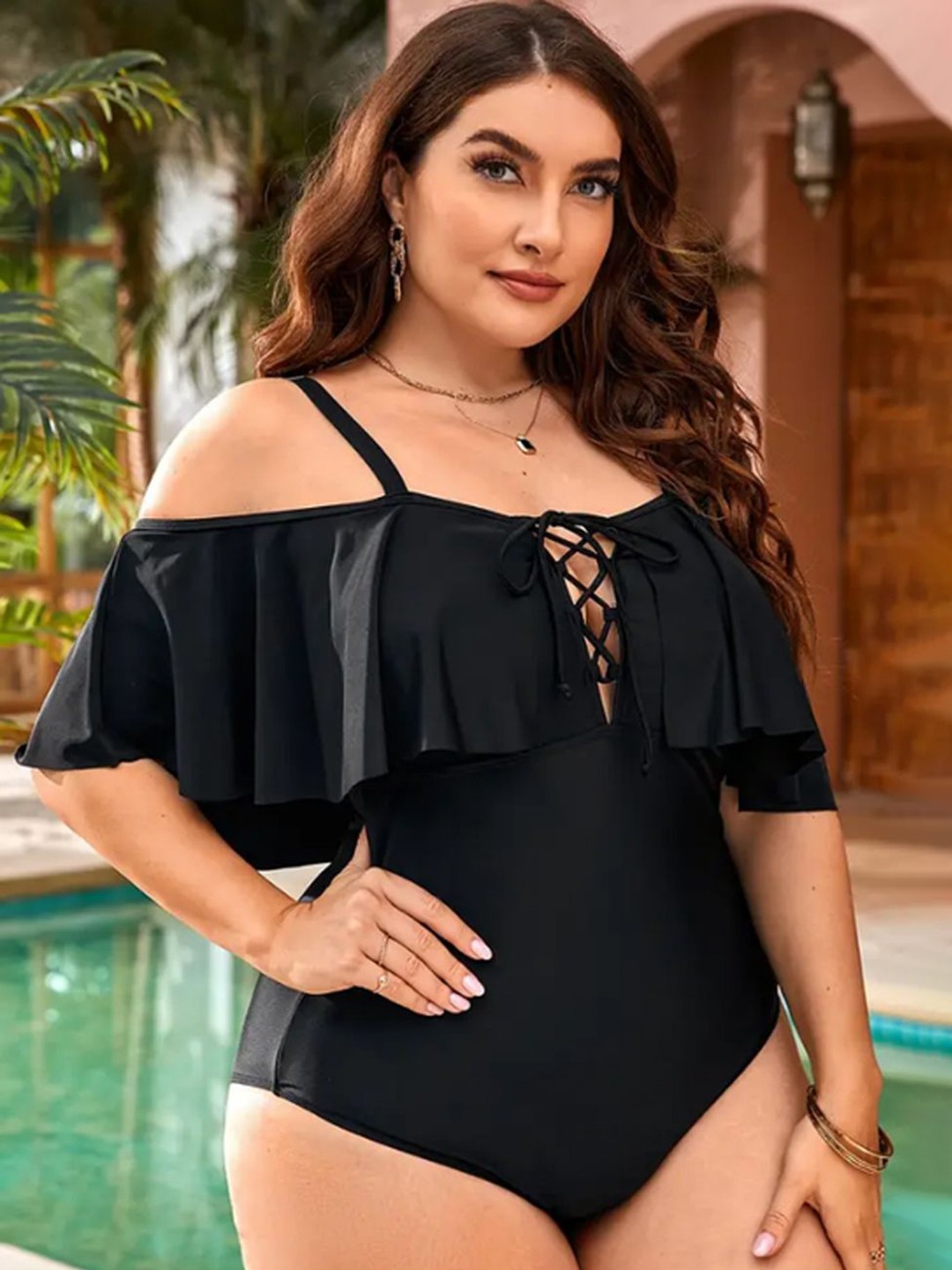 

Plus Curvves Women Plus Size Shoulder Strap Bodysuit, Black