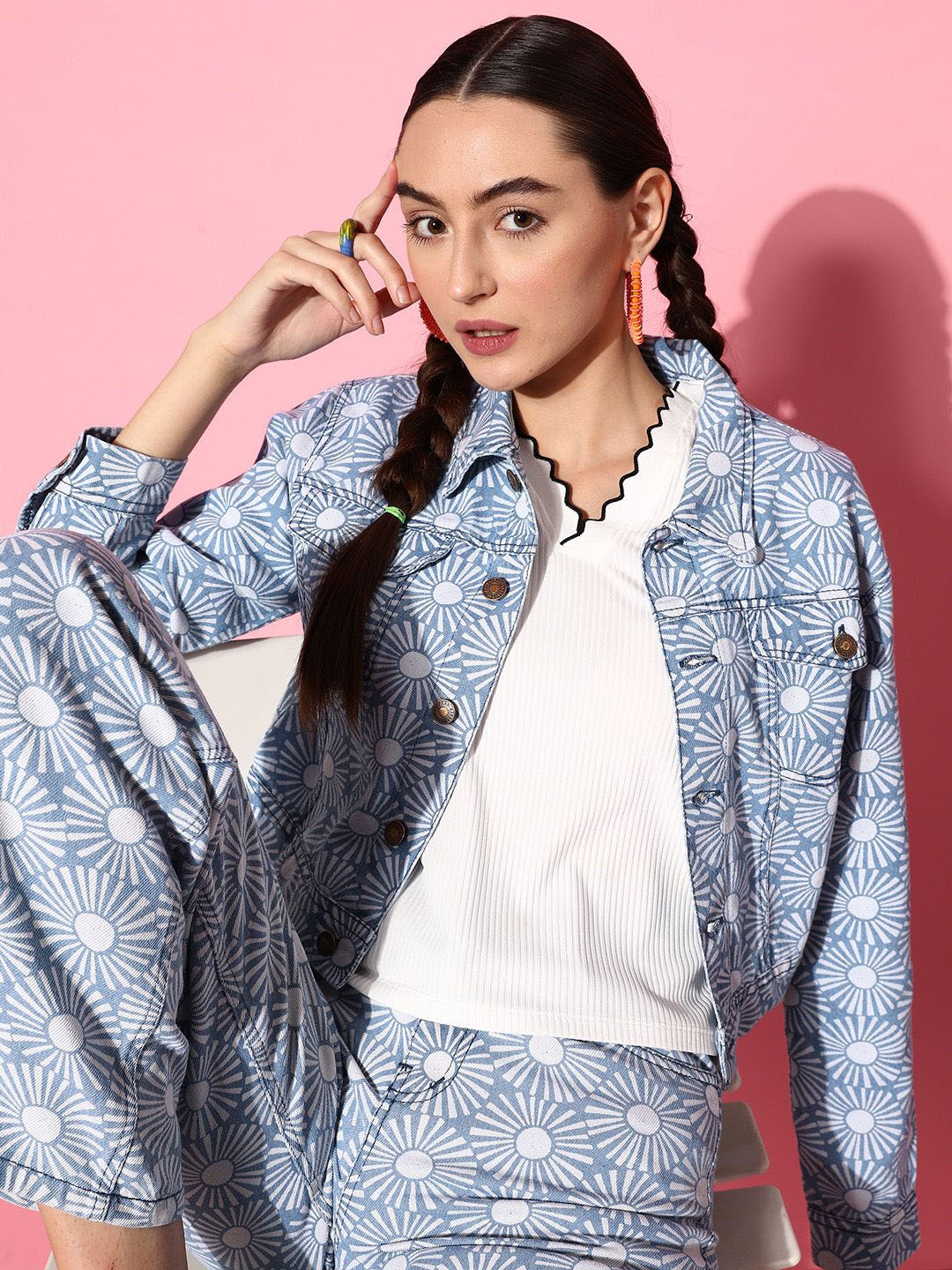 

SASSAFRAS Women Floral Denim Jacket with Embroidered, Blue