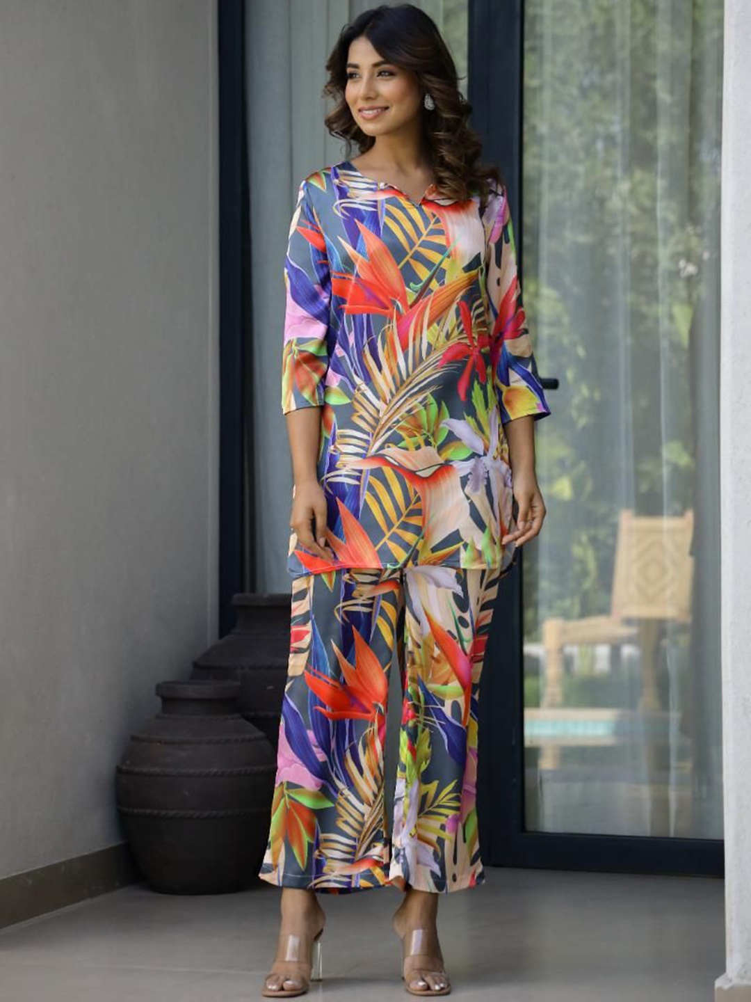 

FLAVIA CREATION Printed Three-Quarter Sleeves Top With Trousers, Blue