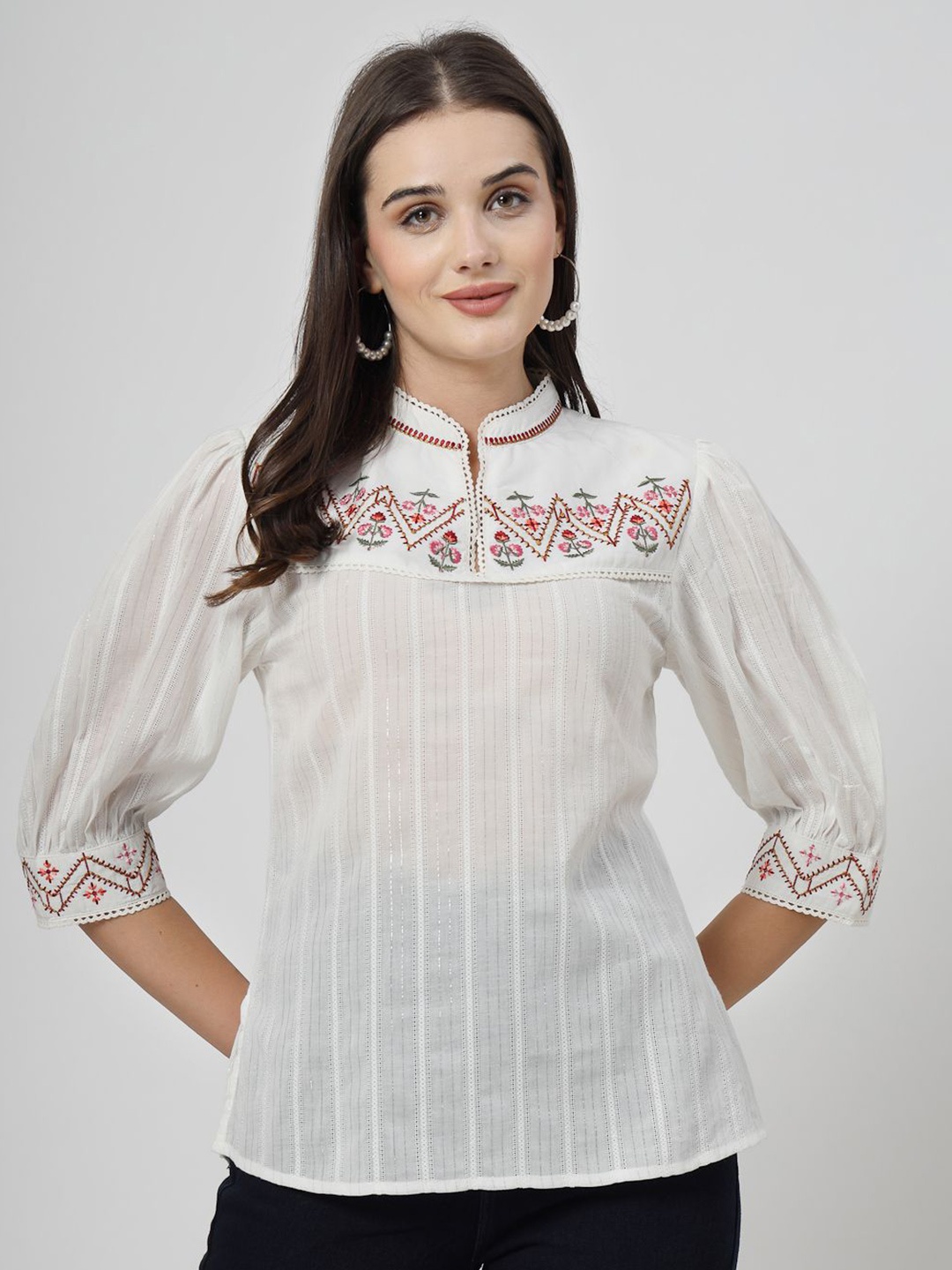 

COSMIC TRIO Embroidered Mandarin Collar Bishop Sleeves Cotton Top, Off white