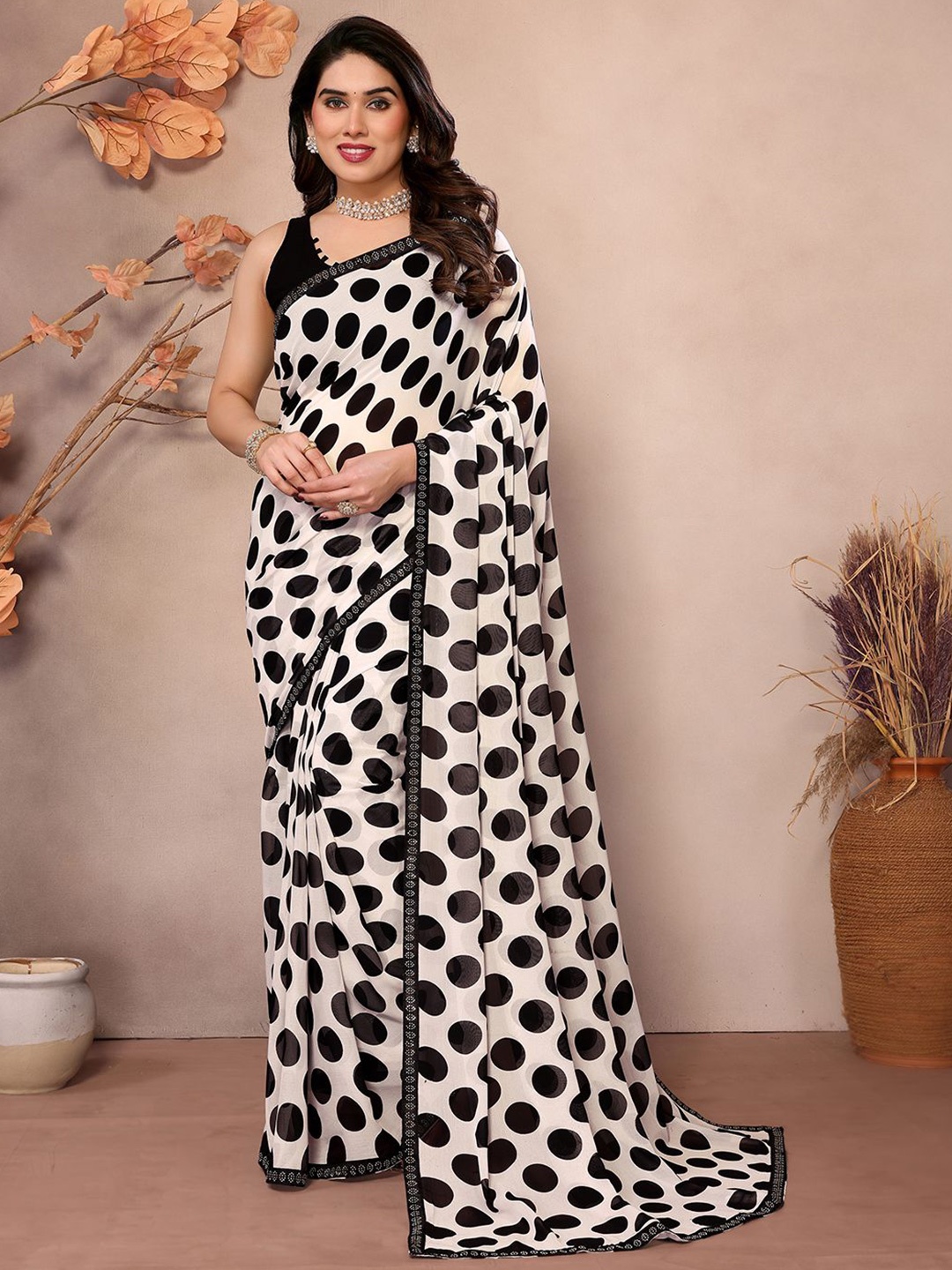 

ANAND SAREES Polka Dot Beads and Stones Pure Georgette Saree, White
