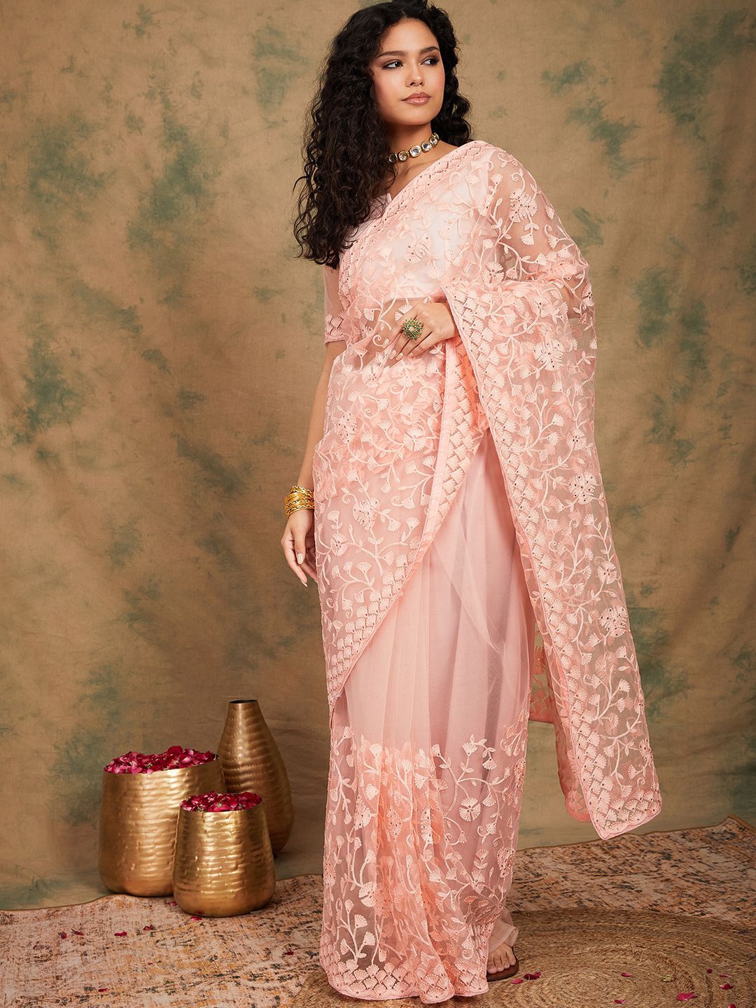 

Suha Floral Embroidered Supernet Saree, Peach