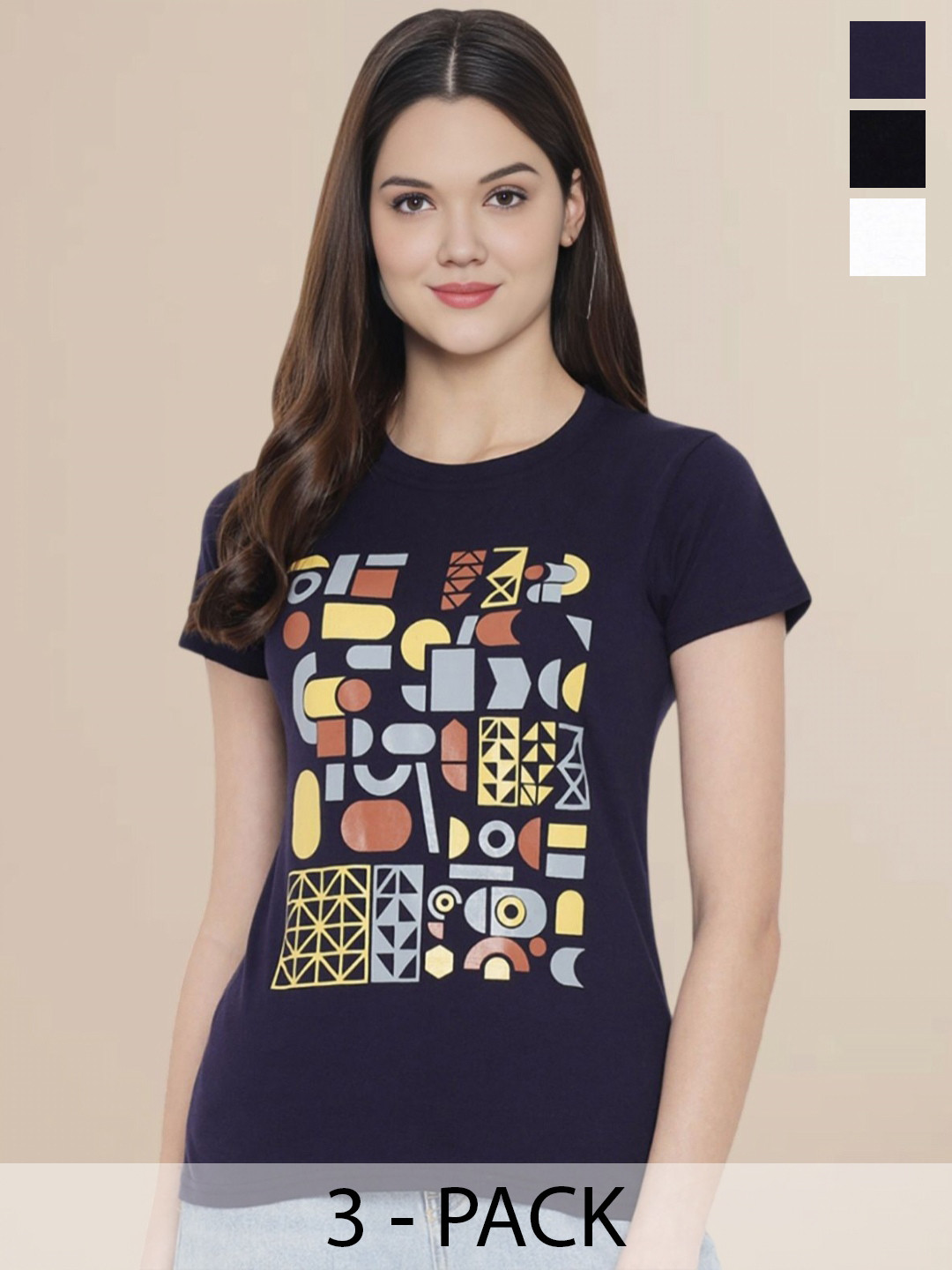 

Metronaut Women Pack Of 3 Typography Printed Round Neck Cotton Donald Duck T-shirts, White