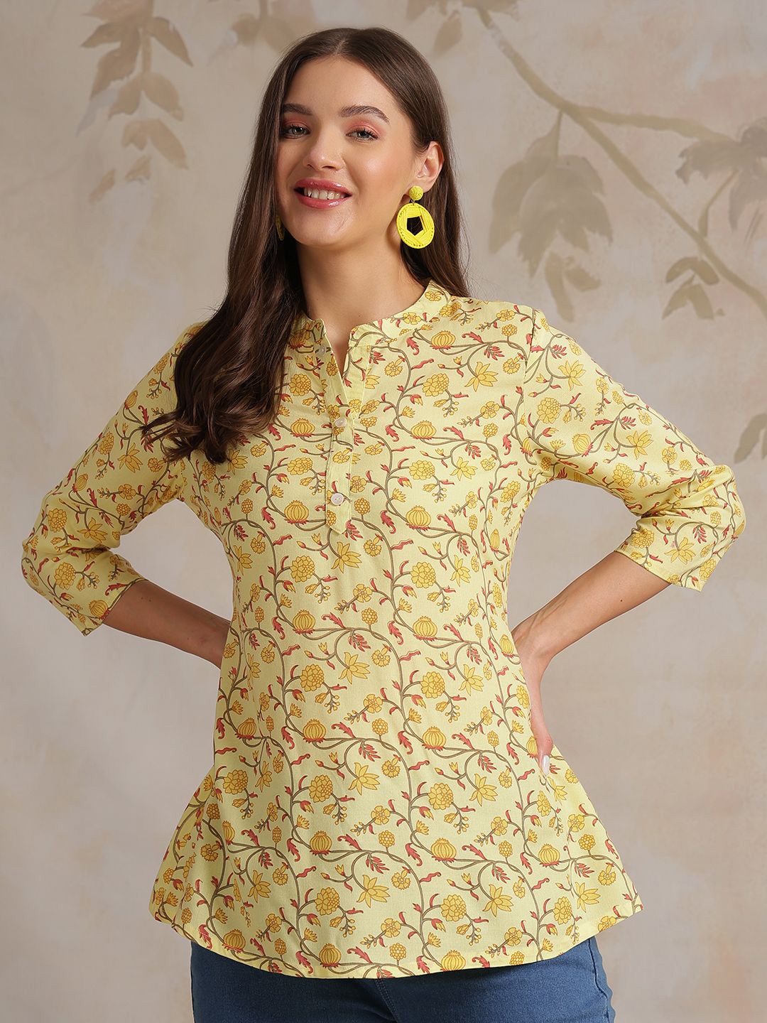 

Anouk Rustic Women Floral Print Mandarin Collar Top, Yellow