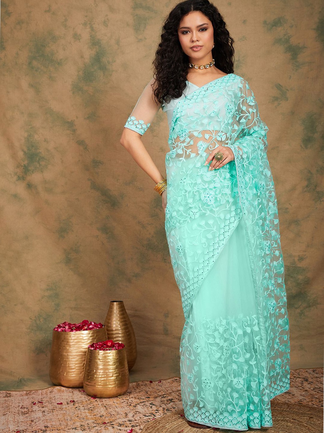 

Suha Embellished Sequinned Supernet Ready to Wear Saree, Turquoise blue