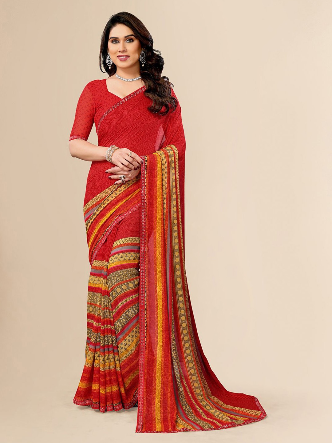 

ANAND SAREES Floral Embroidered Pure Georgette Saree, Red