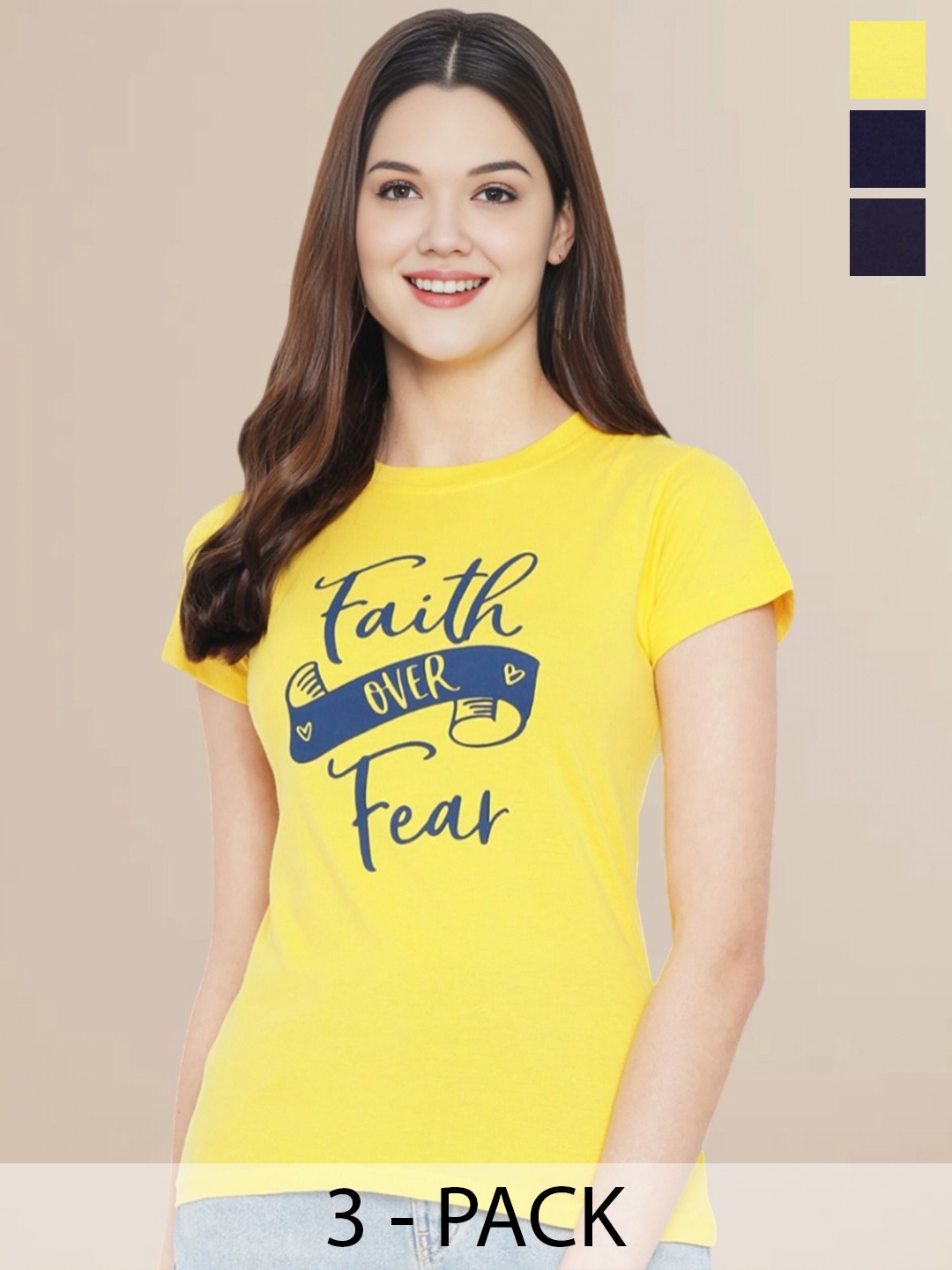

Metronaut Women Pack Of 3 Typography Printed Round Neck Cotton T-shirts, Navy blue