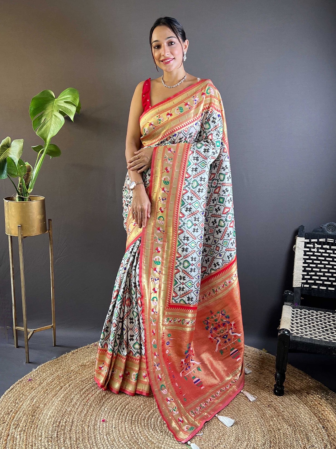 

Mitera Woven Design Zari Silk Blend Designer Patola Saree, White