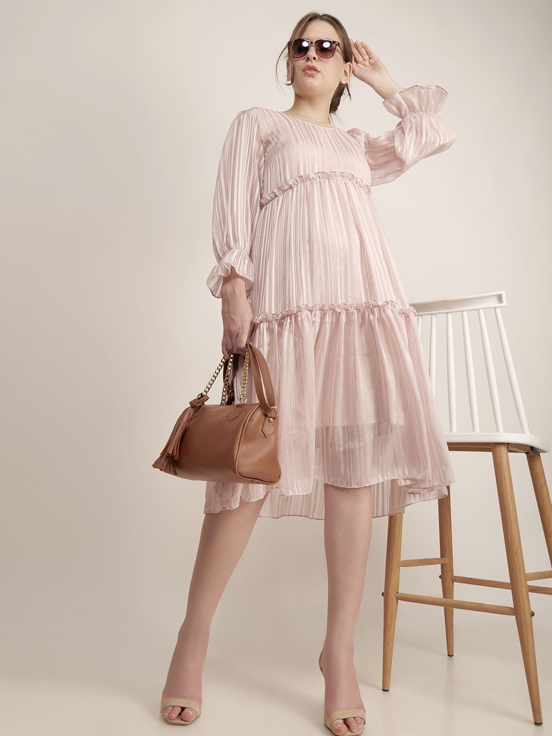 

AUDRAPE Striped Puff Sleeve Chiffon Fit & Flare Midi Dress, Pink