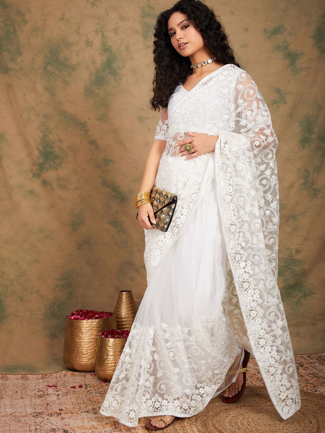 

Suha Floral Beads and Stones Supernet Saree, White